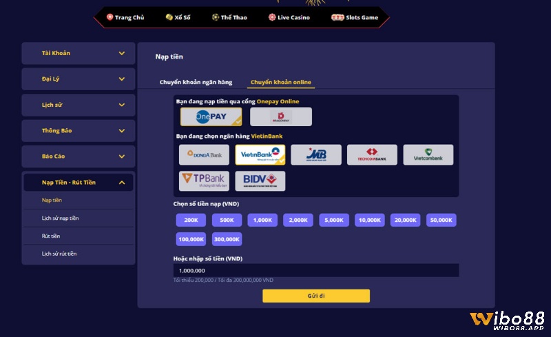 Giao diện nạp tiền - rút tiền tại nhà cái Wibo88