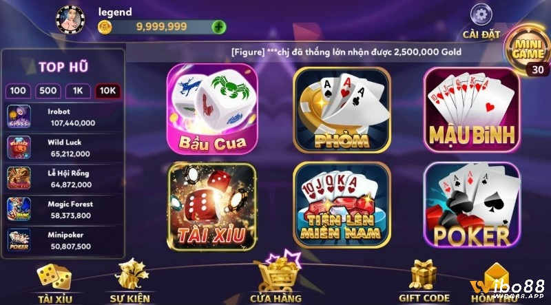 Đa dạng các thể loại game bài tại Wibo88