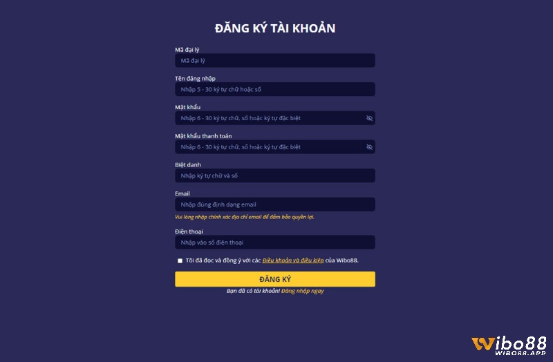 Giao diện đăng ký tài khoản Wibo88