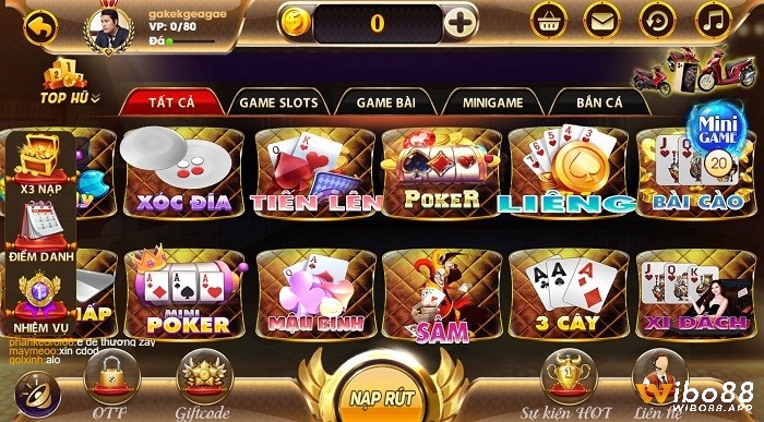 Kho game bài tại WIBO88 rất đa dạng và phong phú