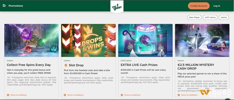 Mr Green Casino có nhiều khuyến mãi hấp dẫn lên tới €2,500,000