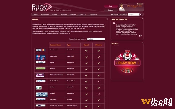 Phương thức thanh toán trên cổng Ruby Fortune Casino đa dạng