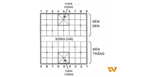 Vị trí Sông và Cung tướng trên bàn cờ úp