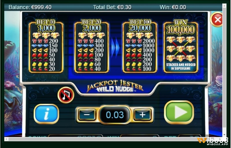 Bảng thanh toán hiển thị ngay trên màn hình chơi Jackpot Jester Wild Nudge Jackpot